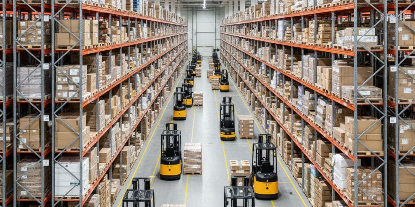 Ein hochmodernes, weitläufiges Lagerhaus mit hohen Regalen, die sorgfältig mit verschiedenen Produkten auf Paletten gefüllt sind. Mehrere autonome gelbe Gabelstapler bewegen sich geordnet durch die breiten Gänge, die mit klaren Linien auf dem Boden markiert sind, was eine effiziente Materialbewegung und Organisation im Lager visualisiert.